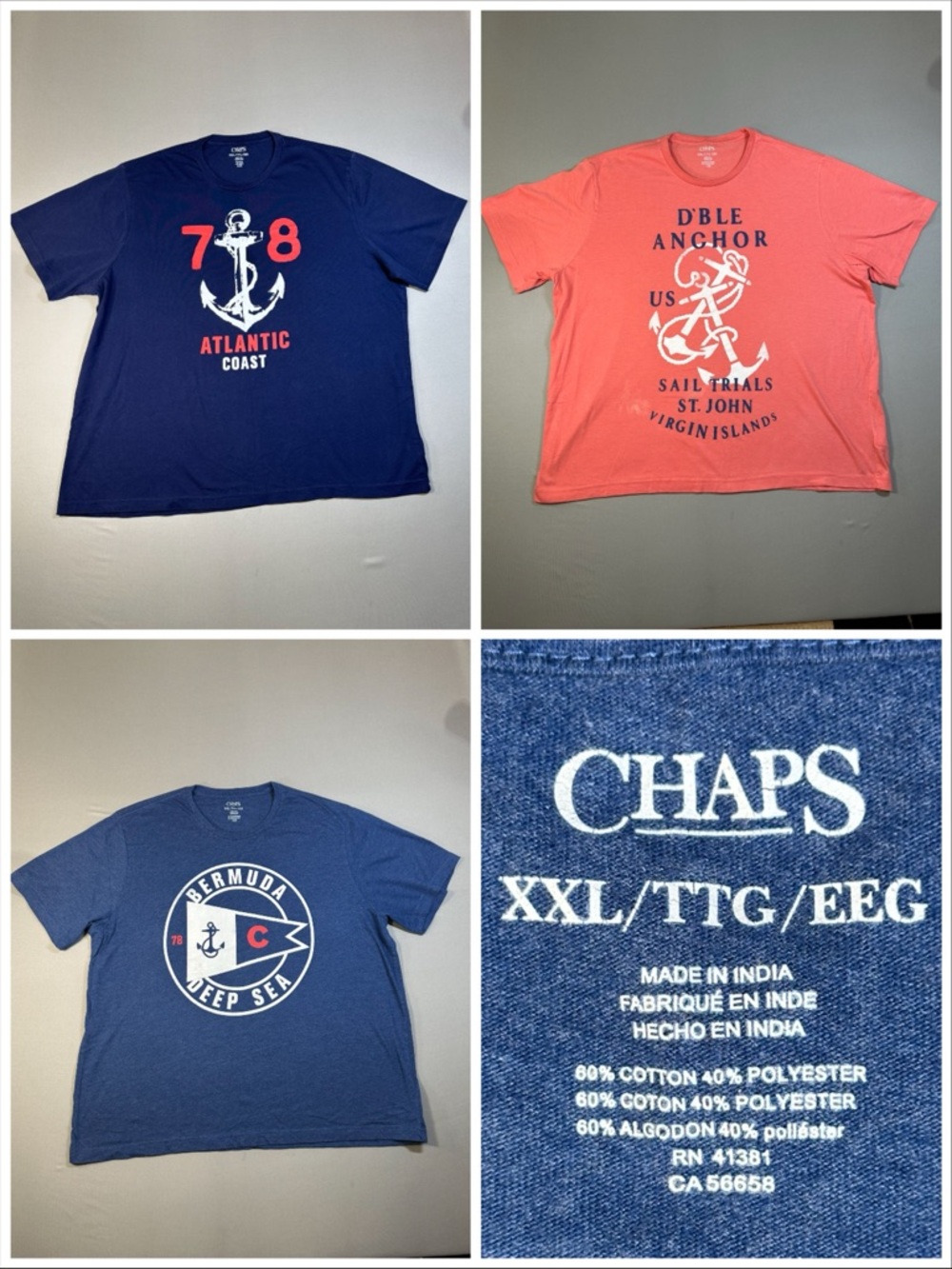 SET OF 3 Chaps Nautical Short Sleeve Classic Fit T-Shirts, Vacation - Mens XXL